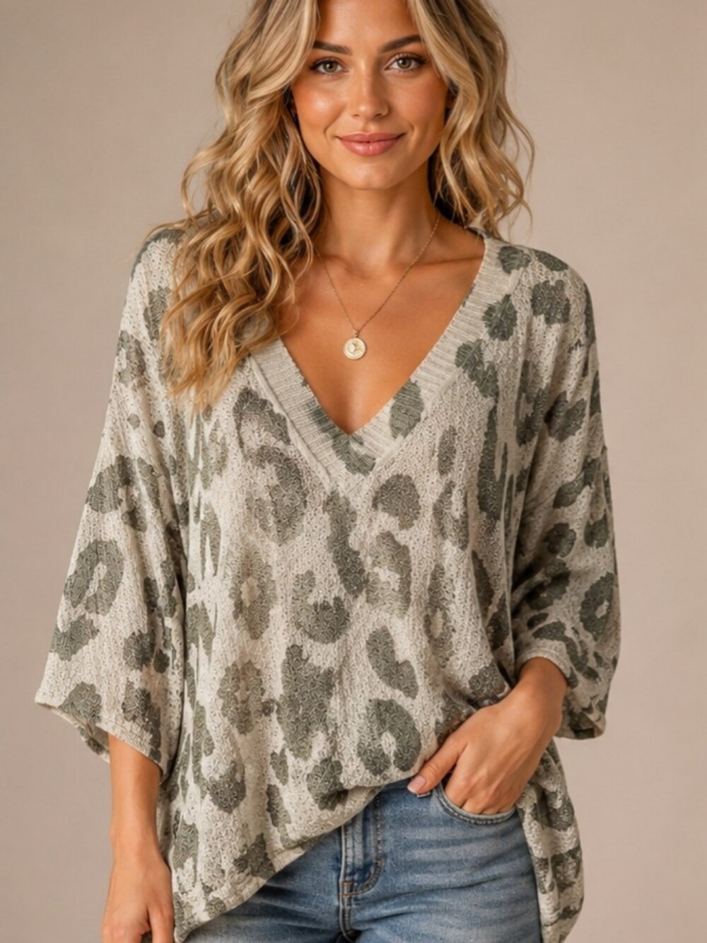 POL Olive Leopard Oversized V Neck Slouchy Sweater Small